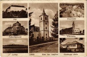 1944 Siklós, vár, Takarékpénztár, Római katolikus templom, utca, Városháza, Gazdasági iskola (ázott / wet damage)