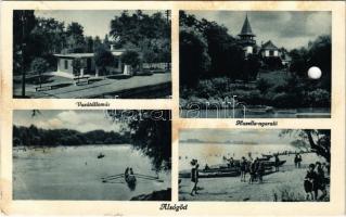 1939 Alsógöd (Göd), Vasútállomás, Huzella nyaraló, villa, strand, fürdőzők (lyukasztott / punched hole)