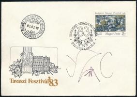 Szász Endre (1927-2003) saját kezű aláírása a Budapesti Tavaszi Fesztivál borítékján az általa tervezett bélyeggel, alkalmi bélyegzéssel