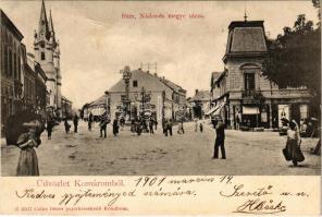 1901 Komárom, Komárnó; Fő tér, Nádor és megye utca, Mészáros András és Stettler Ignác üzlete, piac. Czike Dénes kiadása / main square, streets, shops, market