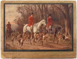 cca 1900-1910 Angliai vadászat, George Wright (1860-1944) festménye után készült színes nyomat, farost lemezre kasírozva, kissé sérült, apró lyukakkal, 19x13 cm