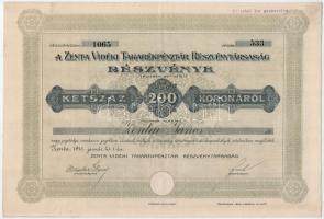 Zenta 1911. Zenta Vidéki Takarékpénztár Részvénytársaság részvénye 200K-ról szárazpecséttel, bélyegzéssel, szelvényekkel T:II- / Hungary / Zenta 1911. Zenta Vidéki Takarékpénztár Részvénytársaság (Savings Bank Share Company of Zenta Countryside) share of 200 Korona with embossed stamp, cancellations and coupons C:VF