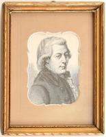 Mozart portré. Fametszet, papír, jelzés nélkül. Üvegezett fa keretben. 10,5×8 cm