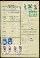 10 db benyomott illetékjegyes, okmánybélyegekkel kiegészített marhalevél az 50-es évekből, közte magas illetéklerovások, vegyes felhasználások