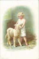 Christmas greeting art postcard, child with sheep. litho (fl)