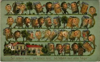 1909 So leben wir, so leben wir, so leben wir alle Tage / Beer and radish, humour art postcard. Artist. Atelier H. Guggenheim & Co. Emb. litho (lyuk / pinhole)
