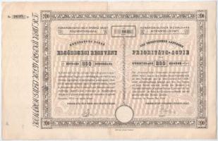 Budapest 1941. "Komárom-Gutai Helyi Érdekű Vasut Részvénytársaság" elsőbbségi részvénye 200K-ról szárazpecséttel T: középen kettészakadva, de összeragasztva, egyébként szép állapotban, hátlapon tollrajz / Hungary / Budapest 1941. "Komárom-Gutai Helyi Érdekű Vasut Részvénytársaság (Komárom-Guta Local Interest Railway Share Company)" share about 200 Korona with embossed stamp C: torn in the middle, but glued together, otherwise in good condition, pen drawing on the back