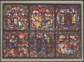 Templomi festett üvegablakok, 13 db színes nyomat, helyenként kissé sérült, 34x25 cm