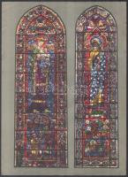 Templomi festett üvegablakok, 13 db színes nyomat, helyenként kissé sérült, 34x25 cm