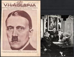 cca 1970 Hitler karikatúra a falon, az előtérben Márkus László színművész, vintage fotó, a kép felső részén törések, + hozzáadva a Tolnai Világlapja 1932 aug. 17. számának címlapját, amelyen Hitler egész oldalas portréja látható, 21,4x16, cm