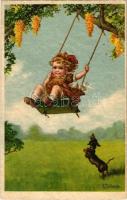 Children art postcard, swing. Degami 989. s: W. Fialkowska (fl)
