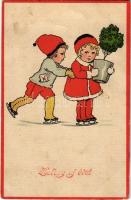 Boldog Újévet! / Children art postcard with New Year greeting, ice skate. EAS 4742. (r)