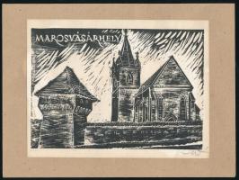 Molnár Dénes (1947-2000): Marosvásárhely. Fametszet, papír, jelzett. Hátoldalán a művész bélyegzőjével, 16x12 cm