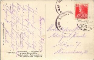 1919 Temesvár, Timisoara; Gyárváros, Andrássy út, Városi bérpalota, villamos. Photobromüra No. 145. ...