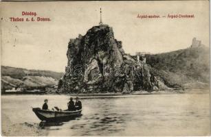 1911 Dévény, Theben a. d. Donau, Devín (Pozsony, Bratislava); Árpád szobor, csónakázók / Das Arpad-Monument / monument, boat trip