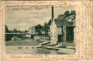 1902 Kolozsvár, Cluj; Nagy-Szamos folyó partja a malommal. Dunky Fivérek cs. és kir. udvari fényképészek / Somesul Mare riverside, mill, watermill (EB)