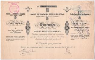 Szerb-Horvát-Szlovén Királyság / Zágráb 1919. "Zágrábi Kereskedelmi, Kézműves és Ipari Bank Részvénytársaság" 5db részvénye egyben, összesen 1000K-ról, francia, horvát és német nyelven, szárazpecséttel, bélyegzésekkel T:II- / Kingdom of the Serbs, Croats and Slovenes / Zagreb 1919. "Bank for Trade, Crafts and Industry Share Company in Zagreb" 5 shares in one, all about 1000 Kronen, in French, Croatian and German, with embossed stamp and cancellations C:VF