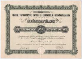 Budapest 1939. "Magyar Vadtenyésztők Kiviteli és Kereskedelmi Részvénytársasága" részvény 150P-ről, szelvényekkel és szárazpecséttel T:II- / Hungary / Budapest 1939. "Magyar Vadtenyésztők Kiviteli és Kereskedelmi Részvénytársasága (Export and Trade Share Company of Hungarian Wild Breeders)" share about 150 Pengő, with coupons and with embossed stamp C:VF