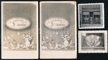 cca 1940-1950 Cipőboltok kirakatai (ifj. Segesdy Imre lábbelikészítő), 4 db fotó és fotólap, 6x6 cm, 7x5,5 cm és 14x9 cm méretben