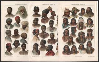 cca 1910 Kölönböző kontinensek embertípusai, kultúrái, 13 db nyomat a Meyer's Konversations Lex...