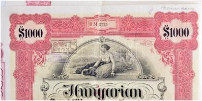 Budapest 1927. "Magyar Földhitel Intézet" 7 1/2% törlesztéses arany záloglevele 1000$-ról ...