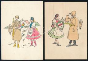 cca 1940-1941 4 db II. világháborús bevonulás témájú grafikus levelezőlap, 14,5x10 cm