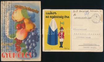 cca 1944-1945 4 db gyümöcsök ill. cukor témájú illusztrált levelezőlap, közte 3 db Havadi Ferenc plébános részére címzett és megírt