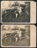 cca 1927 Hölgyek automobil előtt pózolnak, 2 db fotólap, kisebb sérülésekkel, 14x9 cm