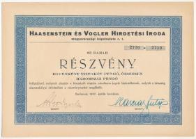 Budapest 1937. Haasenstein és Vogler Hirdetési Iroda 25db részvénye egyben, összesen 300P-ről szelvényekkel T:II