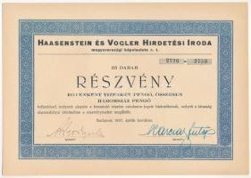 Budapest 1937. "Haasenstein és Vogler Hirdetési Iroda" 25db részvénye egyben, összesen 300P-ről szelvényekkel T:II