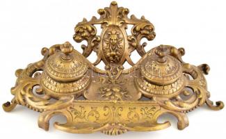 Historizáló bronz asztali tintatartó, 2 db üvegbetéttel, alján formaszámmal, apró kopásnyomokkal, 9,5x31x20 cm
