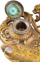 Historizáló bronz asztali tintatartó, 2 db üvegbetéttel, alján formaszámmal, apró kopásnyomokkal, 9,...