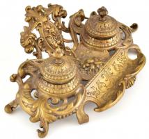 Historizáló bronz asztali tintatartó, 2 db üvegbetéttel, alján formaszámmal, apró kopásnyomokkal, 9,...