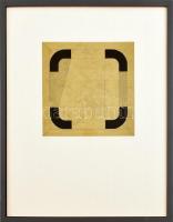 Konok Tamás (1930-2020): Konstruktivista kompozíció, 1990. Lirográfia, papír, jelzett. Számozott: 15/VII.. Üvegezett fa keretben. 22×22 cm