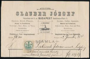 1892 Bp. Városház tér, Glauber József Cukor-, Kávé stb. kereskedésének fejléces számlája 5 kr okmánybélyeggel