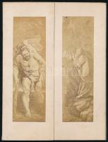 Bibliai témájú fénynyomatokkal illusztrált triptichon, egyik oldalán a középső kép hiányzik, 28x18 cm