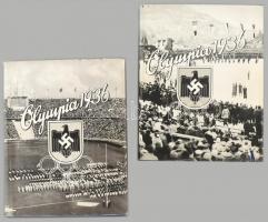 1936 Olympia 1936. Die XI. Olympischen Spiele in Berlin und Garmisch-Partenkirchen. Band I-II. Band I. Die Olympischen Winterspiele Vorschau auf Berlin. Band II. Die XI. Olympischen Spiele in Berlin 1936. Herausgegeben vom Cigaretten-Bilderdienst. Altona (Hamburg)-Bahrenfeld, 1936, Cigaretten-Bilderdienst, 127+1 p.+5 (fekete-fehér képtáblák.) t. t.+1 (kihajtható térkép) t.; 165+3 p.+8 (fekete-fehér és színesképtáblák.) t. Cigarettakép gyűjtő albumok, az összes gyűjtőképpel, német nyelven. Kiadói aranyozott egészvászon-kötés, kiadói illusztrált papír védőborítóban, kiadói kartontokokban, az első kötet papír védőborítójának hátán szakadással, hiánnyal, és a második kötet papír védőborítójának szélein kis szakadásokkal, de alapvetően jó állapotban. Általában a papírborító hiányzik. Kartontokkal együtt, pedig ritka!