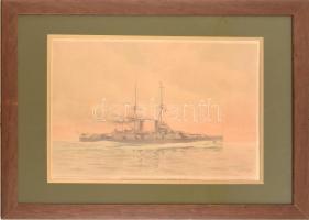 cca 1914 Svéd hadihajó. Litográfia, papír. Jelzett a litográfián. Üvegezett fa keretben. 34x48 cm / Swedish battleship, lithograph on paper
