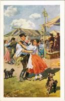 Csárdás. Magyar folklór művészlap. Fővárosi Nyomda Rt. / Hungarian folklore art postcard s: Benyovszky István