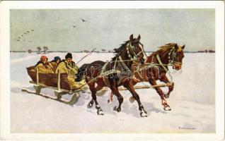 Tél a pusztán. Magyar folklór művészlap. Fővárosi Nyomda Rt. / Hungarian folklore art postcard, horse sled s: Benyovszky István