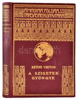 Keöpe Viktor (1883-1970): A szigetek gyöngye. Magyar Földrajzi Társaság Könyvtára. Bp.,[1937],Franklin, 189 p.+ 20 (kétoldalas fekete-fehér képtáblák) t. + 2 (térképek, az egyik kihajtható) t. Kiadói dúsan aranyozott egészvászon sorozatkötésben, a borítón kis kopásnyomokkal.