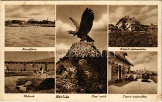 1941 Bánhida (Tatabánya), Strandfürdő, Kabinok, Tóparti halászcsárda, weekendház, automobil, Turul emlékmű (EK)