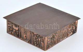 Retró fém iparművész doboz, fabetéttel, jelzés nélkül, kopott, 11,5x11,5x3,5cm