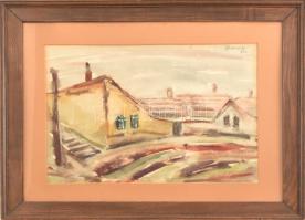 Brusch Péter (1921-1985): Utcarészlet (Újpest?), 1951. Akvarell, papír, jelzett, üvegezett fa keretben, 28×39,5 cm