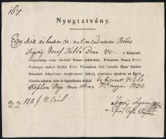 1832 A pesti Curia épülete hátsó részének felépítésére adott adományról szóló nyugta. Az adományt adta Sigray József táblabíró, az adományt vette Sigray Zsigmond főpénztárnok. Aláírásával