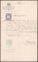 1896 Kammermayer Károly (1829-1897) budapesti polgármester aláírt igazolása Sigray János fővárosi mérnök részére 1Ft illetékbélyeggel
