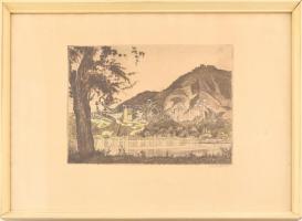 Zádor István (1882-1963): Visegrád. Színezett rézkarc, papír, jelzett. Üvegezett, kissé sérült fa keretben. Lap széle kissé foltos. 25×34,5 cm