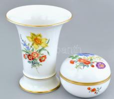 Meissen bonbonier és váza, kézzel festett porcelán, kopásnyomokkal, jelzett, d:9.5cm, m:14cm