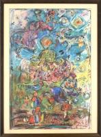 Tóth Ernő (1949- ): A nagy buborék. Vegyes technika, papír, jelzett. Üvegezett, kissé sérült fa kere...