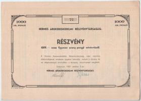Debrecen 1937. Hermes Árukereskedelmi Részvénytársaság részvénye 1000P-ről szelvényekkel T:I-